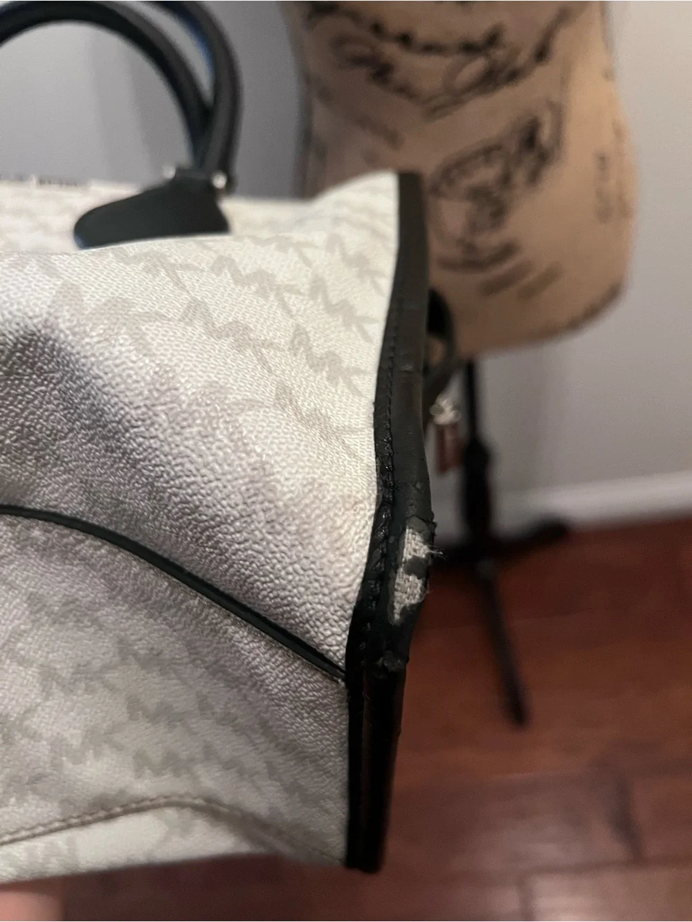 Michael Kors White MK Monogram Satchel with Black Trim